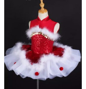 Toddlers kids red sequins feather tutu skirts ballet dance dresses ballerina stage performance costumes birthday party jazz dance dresses for baby